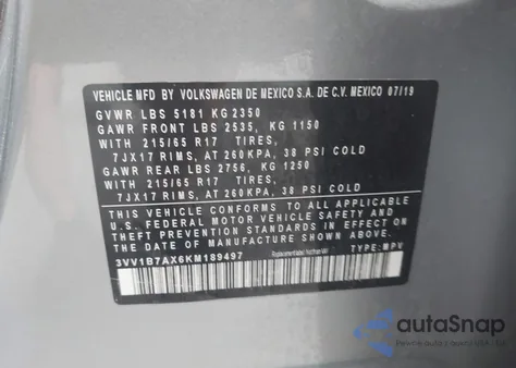 2019 Volkswagen Tiguan 2.0T S from USA, damaged, VIN 3VV1B7AX6KM189497